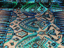 Two Tone 4 Way Stretch - Jade Green / Blue - Tribal Pattern Design Sequins Mesh Fabric Sold By Yard
