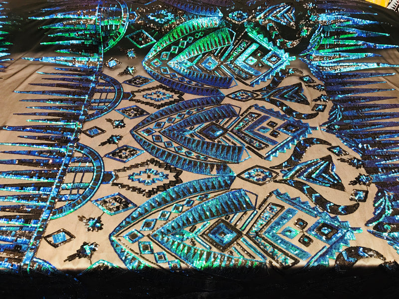 Two Tone 4 Way Stretch - Jade Green / Blue - Tribal Pattern Design Sequins Mesh Fabric Sold By Yard
