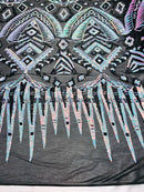 Two Tone 4 Way Stretch - Aqua / Black - Tribal Pattern Design Sequins Mesh Fabric Sold By Yard