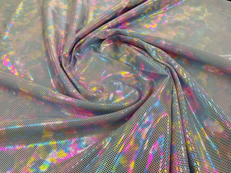 Polka Dot Foil Fabric - Rainbow on White - Iridescent Polka Dot Design on Spandex Fabric