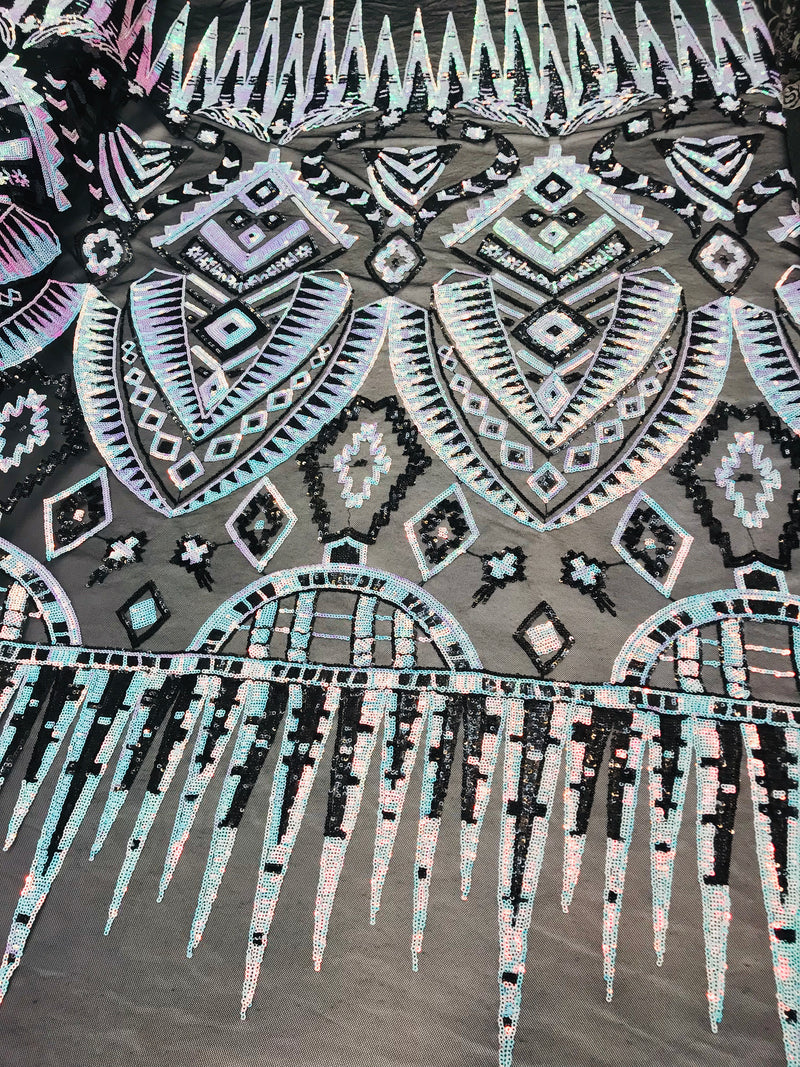 Two Tone 4 Way Stretch - Aqua / Black - Tribal Pattern Design Sequins Mesh Fabric Sold By Yard