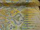 Two Tone 4 Way Stretch - Yellow / Silver - Tribal Pattern Design Sequins Mesh Fabric Sold By Yard