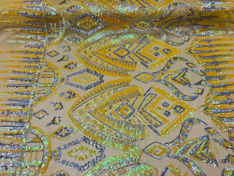 Two Tone 4 Way Stretch - Yellow / Silver - Tribal Pattern Design Sequins Mesh Fabric Sold By Yard