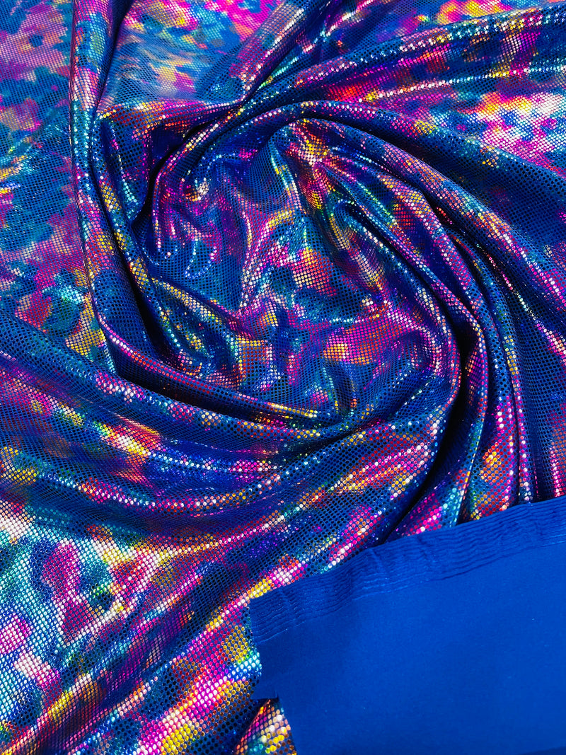 Polka Dot Foil Fabric - Rainbow on Royal Blue - Iridescent Polka Dot Design on Spandex Fabric