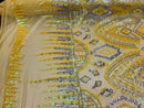 Two Tone 4 Way Stretch - Yellow / Silver - Tribal Pattern Design Sequins Mesh Fabric Sold By Yard