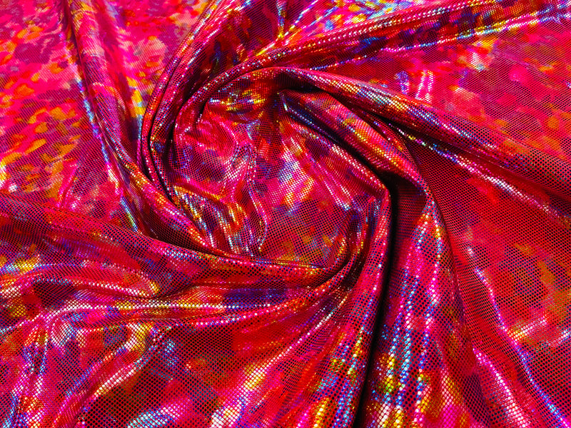 Polka Dot Foil Fabric - Rainbow on Red - Iridescent Polka Dot Design on Spandex Fabric