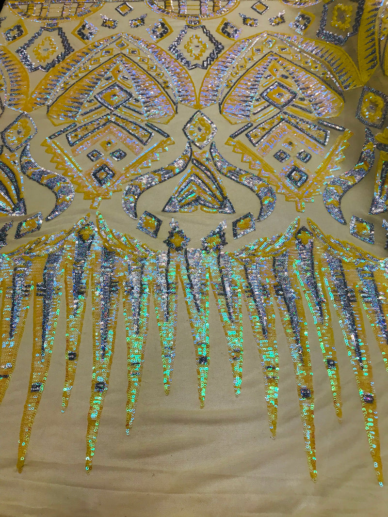 Two Tone 4 Way Stretch - Yellow / Silver - Tribal Pattern Design Sequins Mesh Fabric Sold By Yard