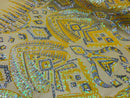 Two Tone 4 Way Stretch - Yellow / Silver - Tribal Pattern Design Sequins Mesh Fabric Sold By Yard