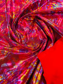 Polka Dot Foil Fabric - Rainbow on Red - Iridescent Polka Dot Design on Spandex Fabric