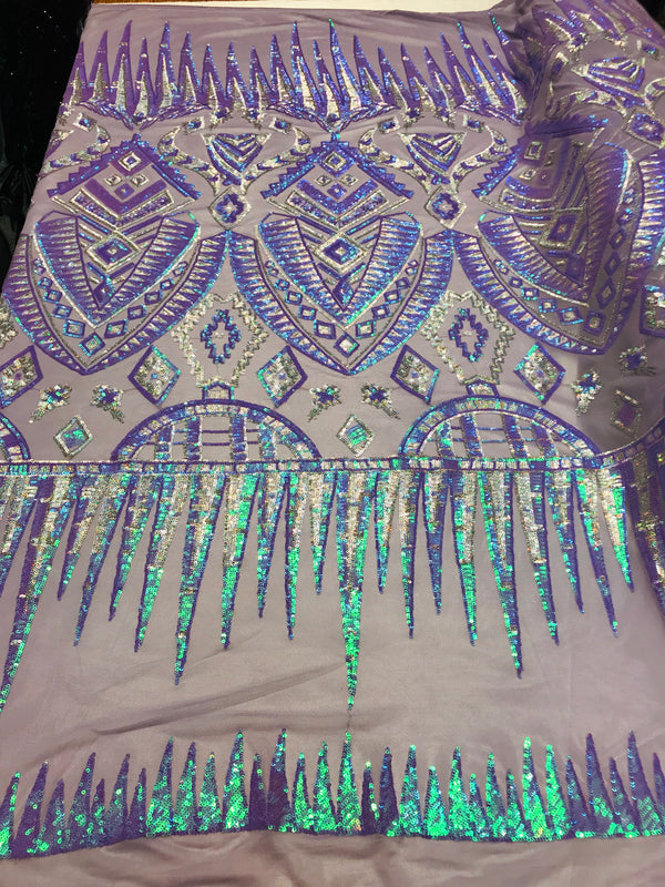 Two Tone 4 Way Stretch - Lilac / Aqua - Tribal Pattern Design Sequins Mesh Fabric Sold By Yard