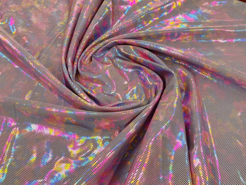 Polka Dot Foil Fabric - Rainbow on Pink - Iridescent Polka Dot Design on Spandex Fabric