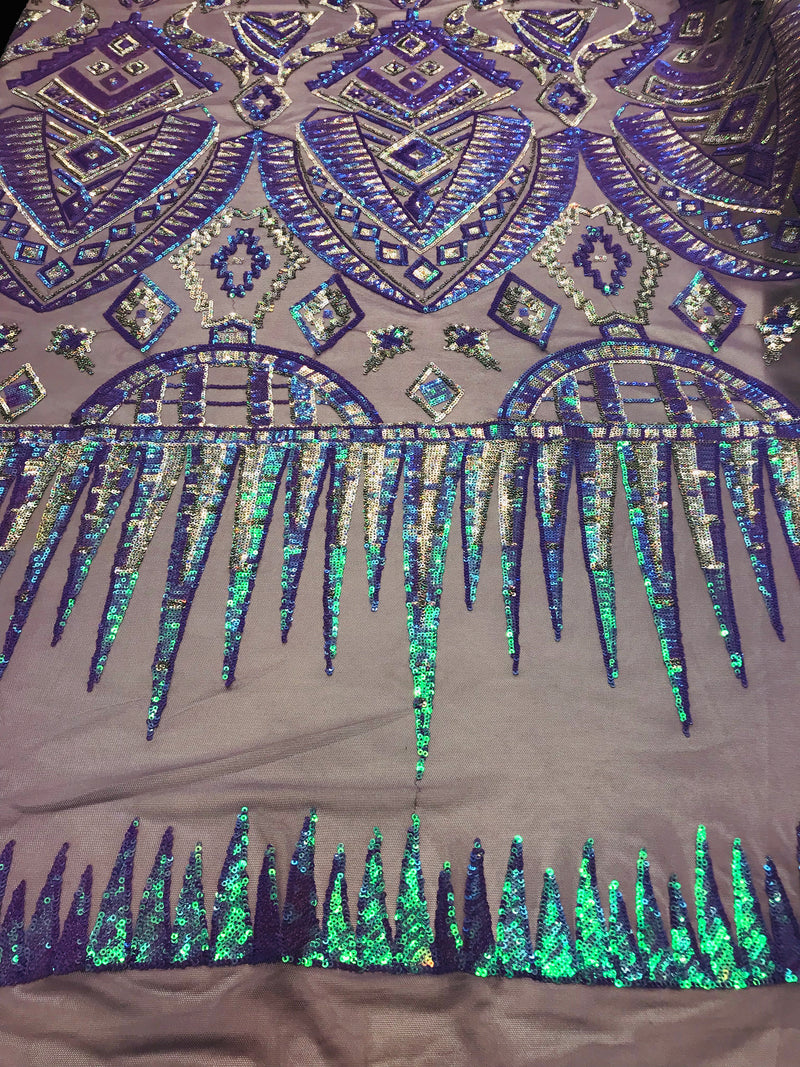 Two Tone 4 Way Stretch - Lilac / Aqua - Tribal Pattern Design Sequins Mesh Fabric Sold By Yard