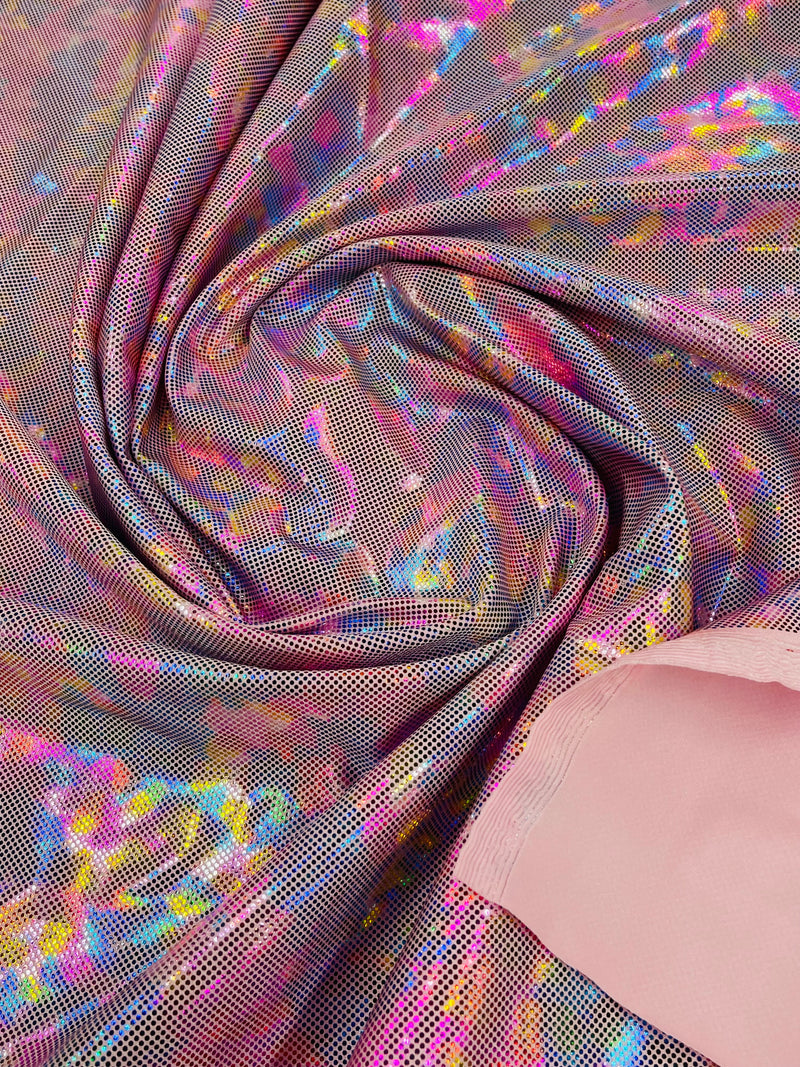 Polka Dot Foil Fabric - Rainbow on Pink - Iridescent Polka Dot Design on Spandex Fabric