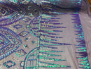 Two Tone 4 Way Stretch - Lilac / Aqua - Tribal Pattern Design Sequins Mesh Fabric Sold By Yard