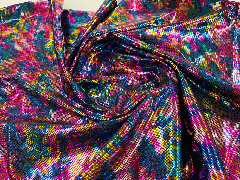 Polka Dot Foil Fabric - Rainbow on Black - Iridescent Polka Dot Design on Spandex Fabric