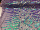 Two Tone 4 Way Stretch - Lilac / Aqua - Tribal Pattern Design Sequins Mesh Fabric Sold By Yard