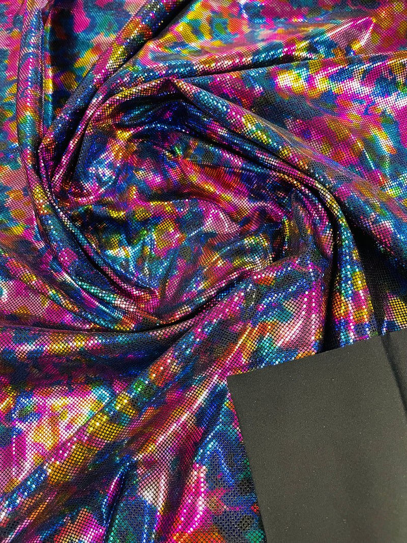Polka Dot Foil Fabric - Rainbow on Black - Iridescent Polka Dot Design on Spandex Fabric