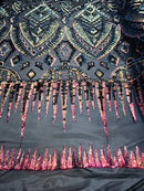 Two Tone 4 Way Stretch - Iridescent Rainbow Tribal Pattern Design Sequins Mesh Fabric Sold By Yard