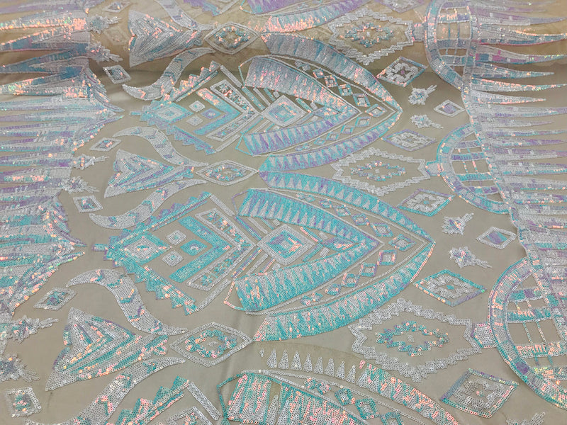 Two Tone 4 Way Stretch - Iridescent White - Tribal Pattern Design Sequins Mesh Fabric Sold By Yard