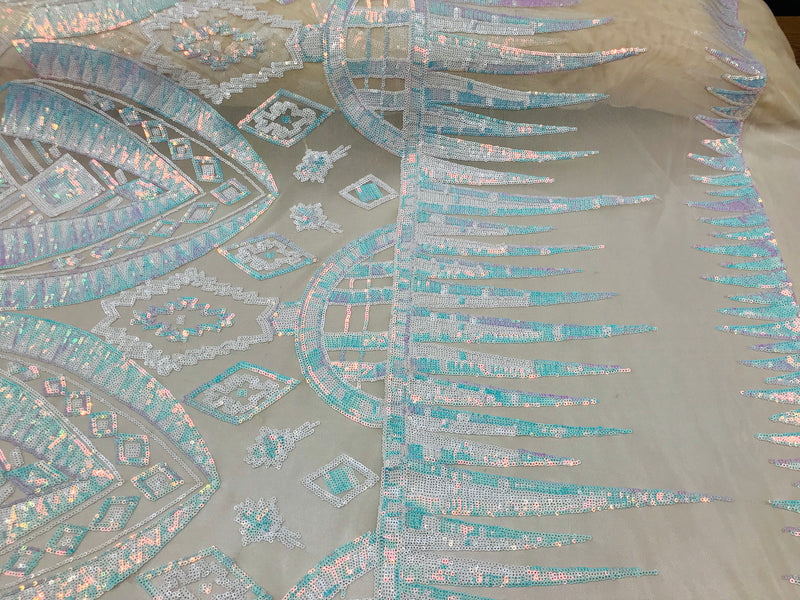 Two Tone 4 Way Stretch - Iridescent White - Tribal Pattern Design Sequins Mesh Fabric Sold By Yard