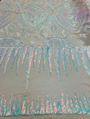 Two Tone 4 Way Stretch - Iridescent White - Tribal Pattern Design Sequins Mesh Fabric Sold By Yard