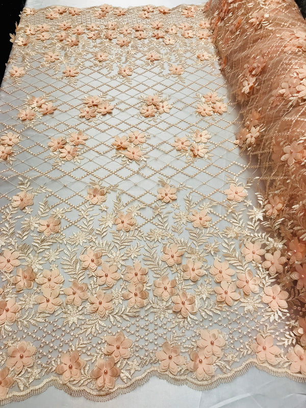 3D Floral Design - Peach - Embroidered 3D Flowers on Triangle Net Mesh Sold By The Yard