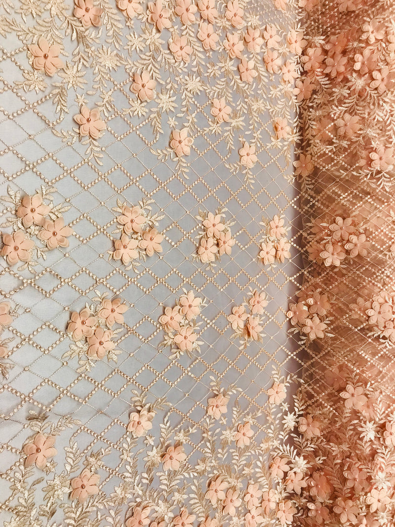 3D Floral Design - Peach - Embroidered 3D Flowers on Triangle Net Mesh Sold By The Yard