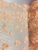 3D Floral Design - Peach - Embroidered 3D Flowers on Triangle Net Mesh Sold By The Yard