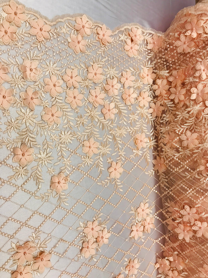 3D Floral Design - Peach - Embroidered 3D Flowers on Triangle Net Mesh Sold By The Yard