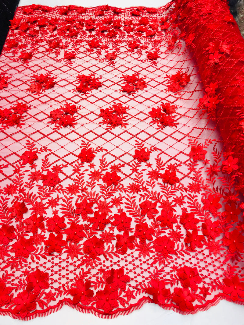 3D Floral Design - Red - Embroidered 3D Flowers on Triangle Net Mesh Sold By The Yard