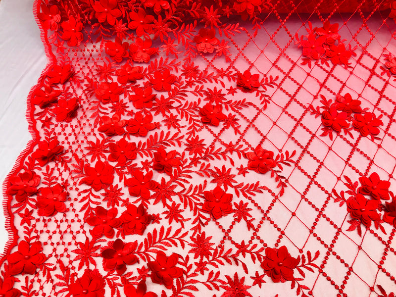 3D Floral Design - Red - Embroidered 3D Flowers on Triangle Net Mesh Sold By The Yard