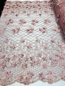 3D Floral Design - Dusty Rose - Embroidered 3D Flowers on Triangle Net Mesh Sold By The Yard