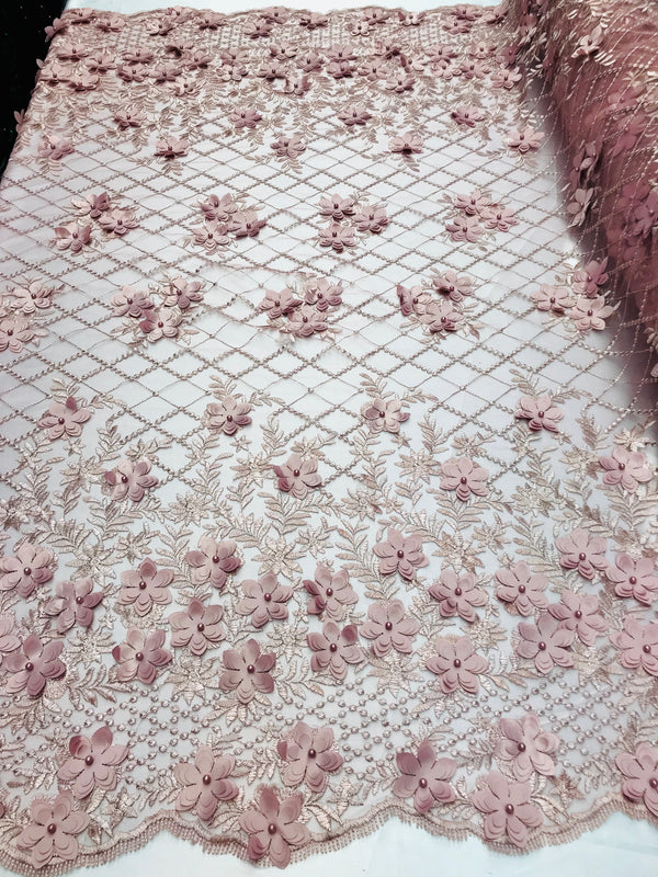 3D Floral Design - Dusty Rose - Embroidered 3D Flowers on Triangle Net Mesh Sold By The Yard