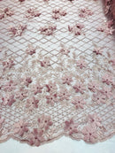 3D Floral Design - Dusty Rose - Embroidered 3D Flowers on Triangle Net Mesh Sold By The Yard