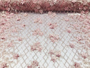 3D Floral Design - Dusty Rose - Embroidered 3D Flowers on Triangle Net Mesh Sold By The Yard