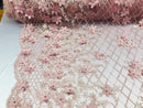 3D Floral Design - Dusty Rose - Embroidered 3D Flowers on Triangle Net Mesh Sold By The Yard