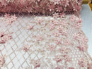 3D Floral Design - Dusty Rose - Embroidered 3D Flowers on Triangle Net Mesh Sold By The Yard