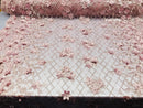 3D Floral Design - Dusty Rose - Embroidered 3D Flowers on Triangle Net Mesh Sold By The Yard