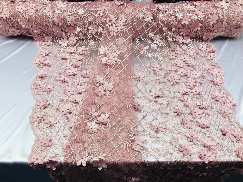 3D Floral Design - Dusty Rose - Embroidered 3D Flowers on Triangle Net Mesh Sold By The Yard