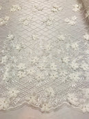 3D Floral Design - White - Embroidered 3D Flowers on Triangle Net Mesh Sold By The Yard