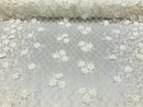 3D Floral Design - White - Embroidered 3D Flowers on Triangle Net Mesh Sold By The Yard