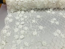 3D Floral Design - White - Embroidered 3D Flowers on Triangle Net Mesh Sold By The Yard
