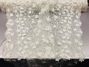 3D Floral Design - White - Embroidered 3D Flowers on Triangle Net Mesh Sold By The Yard