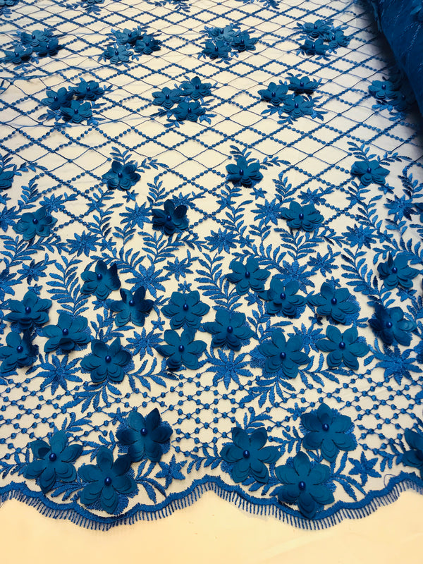 3D Floral Design - Royal Blue - Embroidered 3D Flowers on Triangle Net Mesh Sold By The Yard