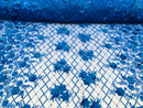3D Floral Design - Royal Blue - Embroidered 3D Flowers on Triangle Net Mesh Sold By The Yard