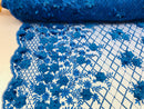 3D Floral Design - Royal Blue - Embroidered 3D Flowers on Triangle Net Mesh Sold By The Yard