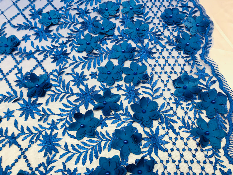 3D Floral Design - Royal Blue - Embroidered 3D Flowers on Triangle Net Mesh Sold By The Yard