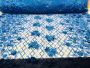 3D Floral Design - Royal Blue - Embroidered 3D Flowers on Triangle Net Mesh Sold By The Yard