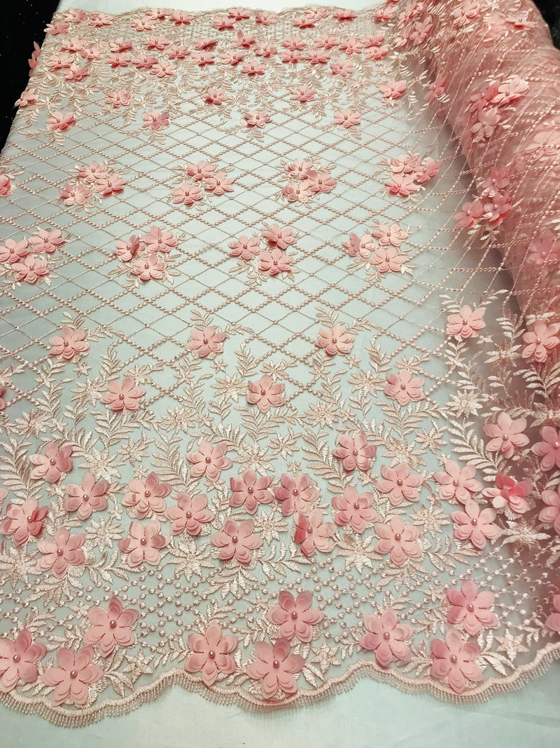 3D Floral Design - Pink - Embroidered 3D Flowers on Triangle Net Mesh Sold By The Yard