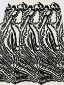 Leaf Pattern Fancy Lace Fabric - Black - Embroidered Design on Lace Mesh By Yard